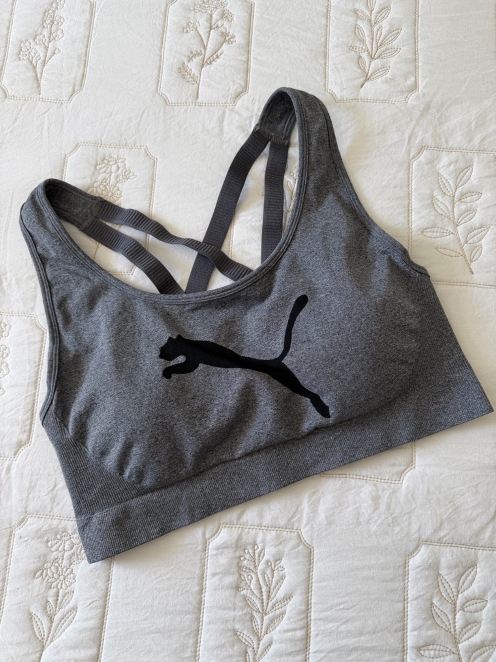 Puma Dark Gray Cat-Style Sports Bra with Black Puma Logo